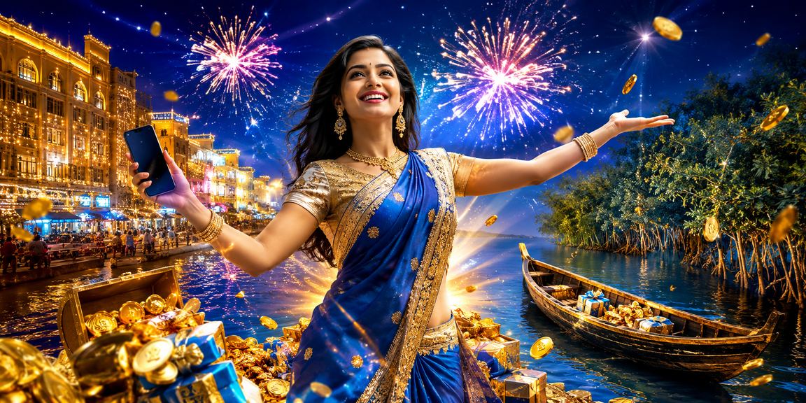 সুন্দরবনে শাড়ি পরিহিত নারী মোবাইলে 470 ক্যাসিনোতে লগইন করছেন